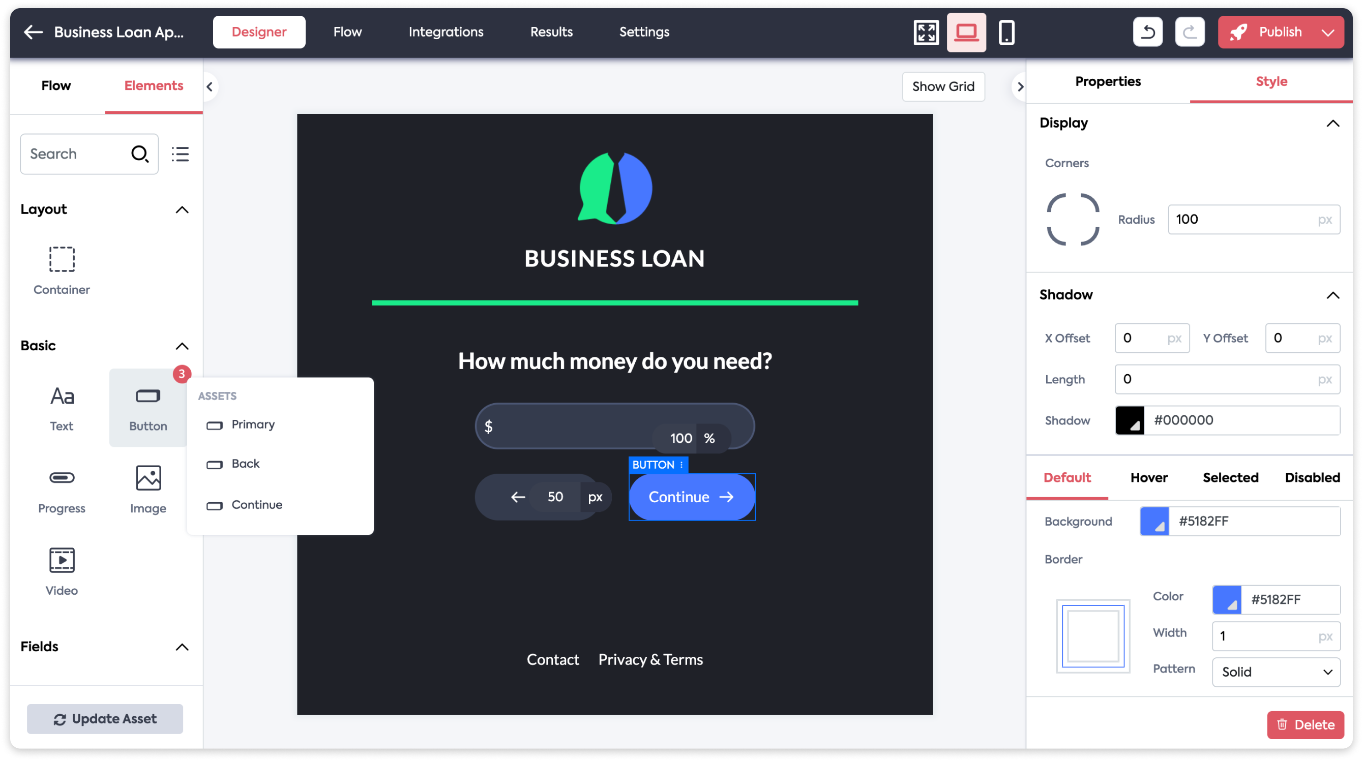Screenshot of button element selected.