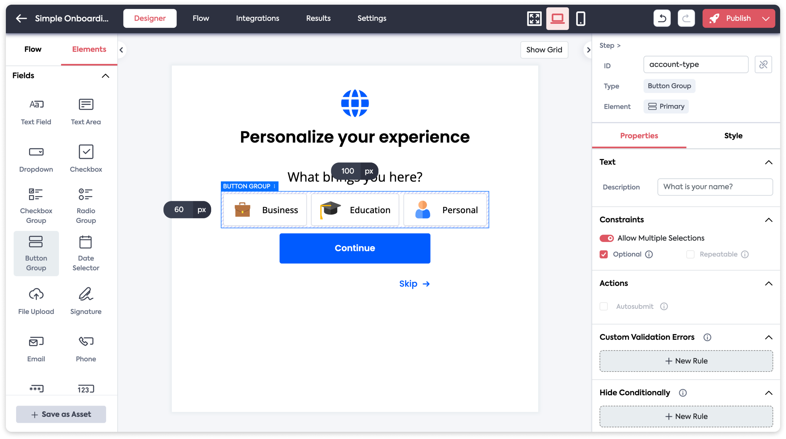 Screenshot of a button group element selected.