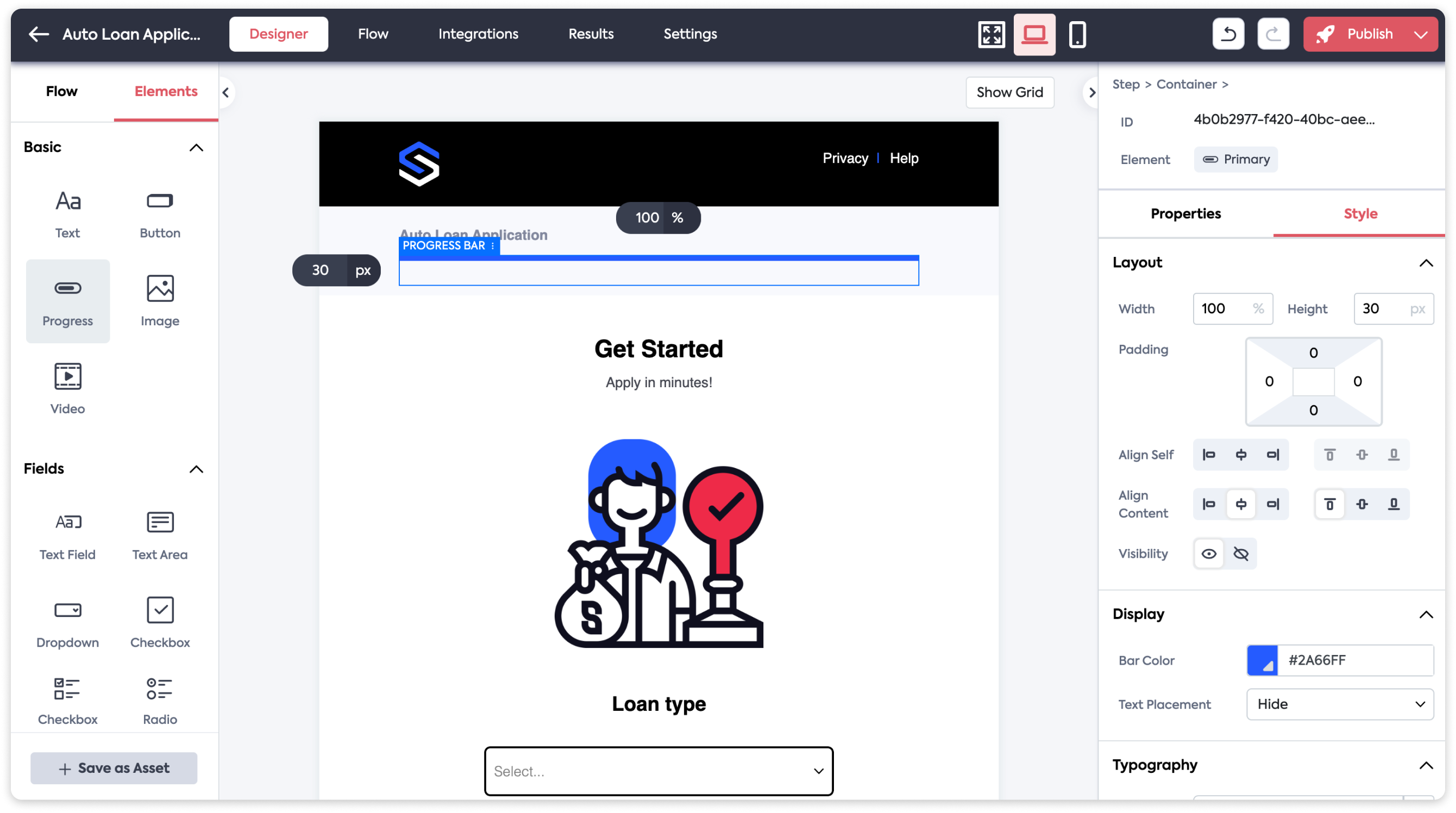 Screenshot of a progress bar element selected.